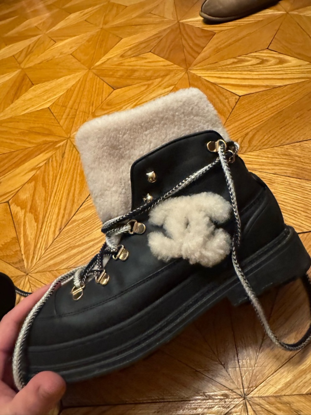 Chanel Black and Shearling-Trim Lace-Up Winter Snow Boots - Picture 5 of 16